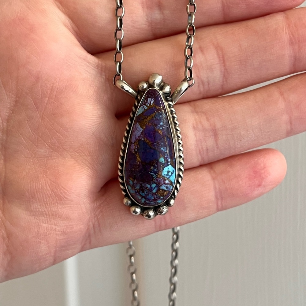 Vintage Signed Elouise Key Tested Sterling Silver PURPLE TURQUOISE Necklace - Picture 3 of 4